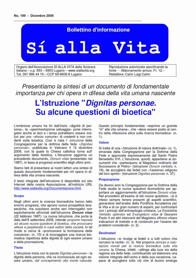 Bollettino S&igrave; alla Vita n. 189
